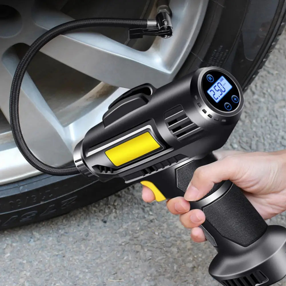 Powerful 120W Portable Car Air Pump with Digital Display - Rechargeable Tire Inflator for Quick Inflation and Emergency Lighting