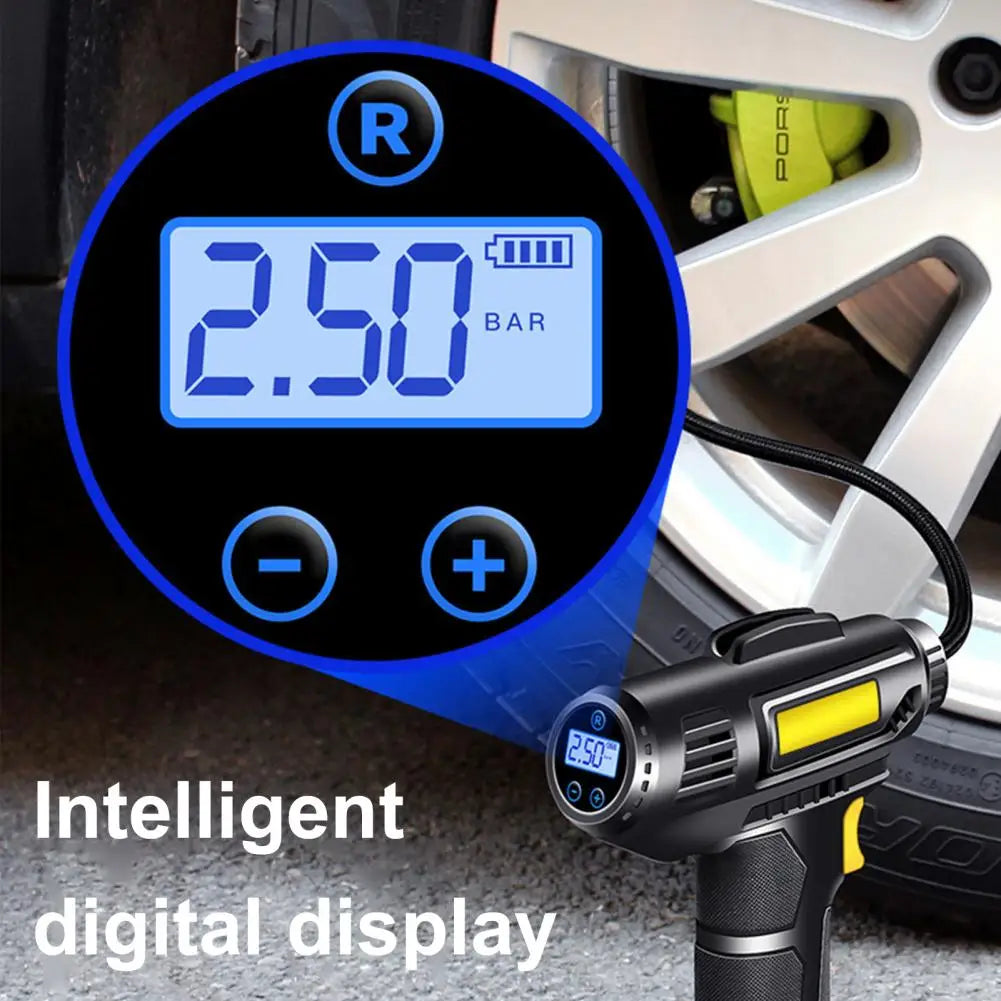 Powerful 120W Portable Car Air Pump with Digital Display - Rechargeable Tire Inflator for Quick Inflation and Emergency Lighting